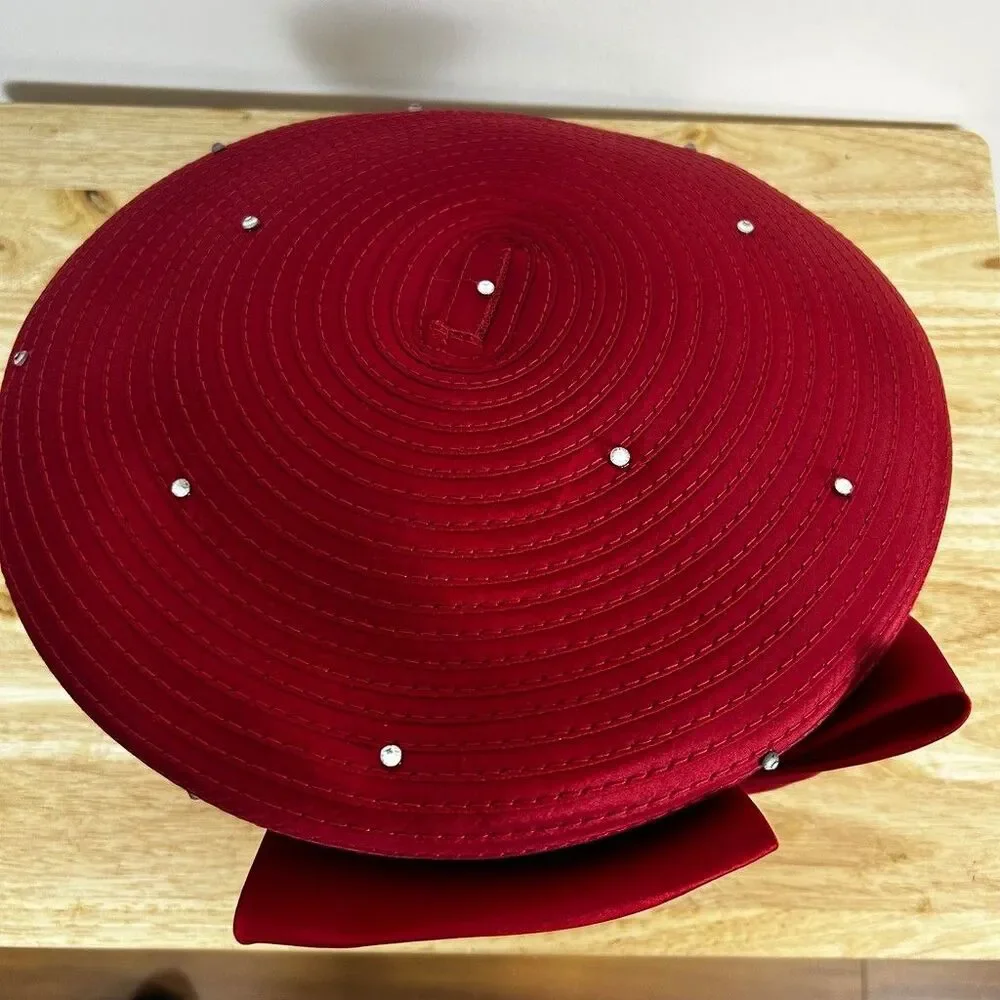 Ashro Whittall and Shon Red Church Hat Fascinator Beaded Velvet Flower Bow